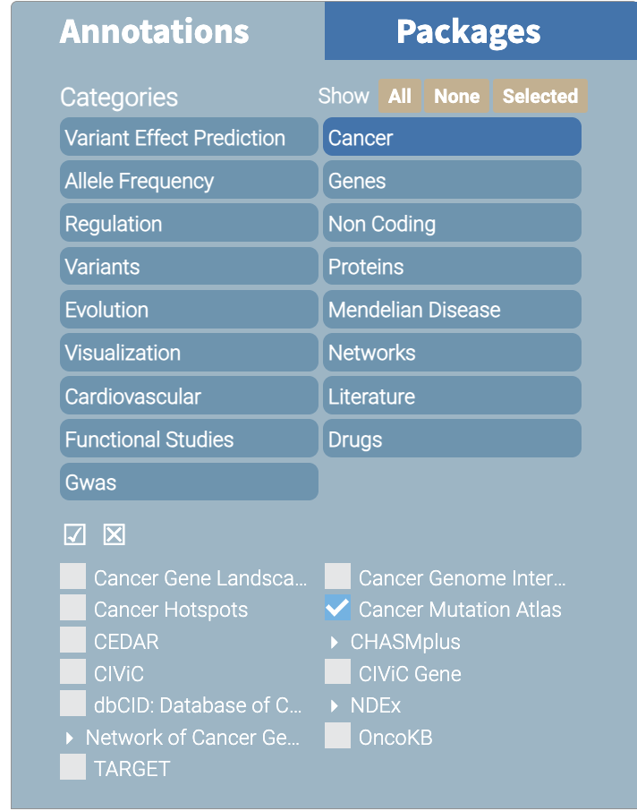 OpenCRAVAT Annotations panel with the Cancer category selected and Cancer Mutation Atlas checked